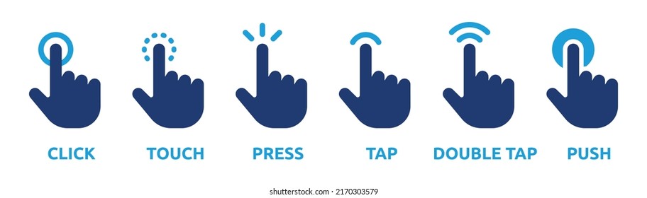 Finger click icon vector set. Touch, press tap, push, hold hand gesture sign symbol illustration.