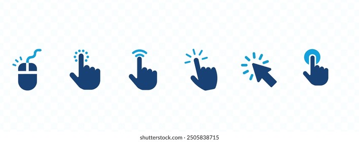 Finger click icon vector set. Touch, press tap, push, hold hand gesture sign symbol illustration