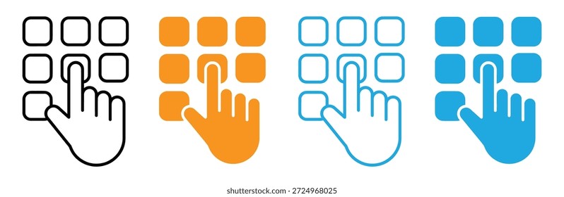 Teclado del Hacer clic de dedos introducir pin, código, Contraseña, patrón, autocompletar, deslizar, huellas dactilares, bloquear, desbloquear, Vector de conjunto de iconos de clave de paso. Cursor del puntero сicono del ratón del ordenador. Haga clic en el cursor, icono de Hacer clic de mano