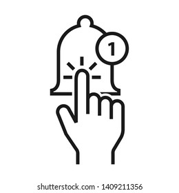 Finger click the notification bell icon. Simple design. Line vector. Isolate on white background.
