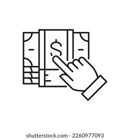 Finger click on pile of money banknotes, choice of money for payment lineal icon. Cash payment, paper bill, dollar symbol design.