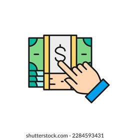 Finger click on pile of money banknotes, choice of money for payment color lineal icon. Cash payment, paper bill, dollar symbol design.