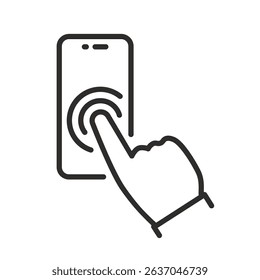 finger click phone icon, touch screen, hand operating a smartphone, simple symbol, mobile app, linear vector illustration