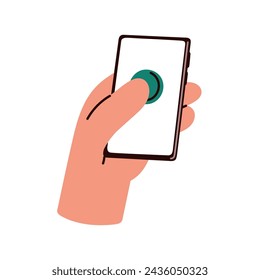 Finger clicking button on mobile phone screen. Hand holding smartphone, thumb pressing, tapping, touching cellphone for emergency call, help. Flat vector illustration isolated on white background