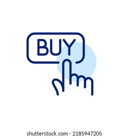 Finger clicking on button with word buy. Pixel perfect, editable stroke line art icon