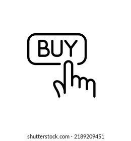 Finger clicking on button with word buy. Pixel perfect, editable stroke line icon