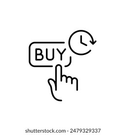 Finger clicking on buy button and clock symbol. Limited time offer, last minute sales in online shopping. Pixel perfect vector icon