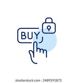 Finger clicking on buy button and lock. Secure checkout, encrypted purchase. Pixel perfect, editable stroke icon 