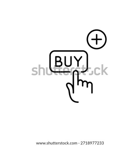 Finger clicking on buy button and plus symbol. Checkout entry, add to cart. Pixel perfect, editable stroke vector icon