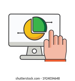 pulsando con el dedo en el equipo con el icono de diagrama circular. ilustración empresarial. ilustración. Icono de vector plano. puede usar para, icon design element,ui, web, aplicación móvil.