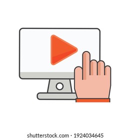finger clicking on computer with play icon. mobile entertaintment illustration. Flat vector icon. can use for, icon design element,ui, web, mobile app.