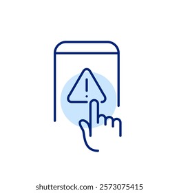 Finger clicking on emergency alert symbol on phone. Caution regarding suspicious or unsafe calls. Critical system error. Pixel perfect, editable stroke icon