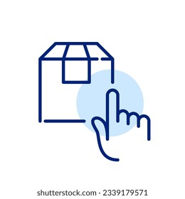 Finger clicking on package. Ordering parcel delivery. Pixel perfect icon