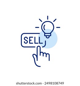 Finger-Klick auf Verkauf Taste und Glühbirne. Investitions- und Handelsstrategien und Ideen. Pixel perfektes Vektorsymbol