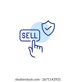 Dedo clicando no botão de venda, escudo e marca de seleção. Compras seguras e sem riscos. Vendedor verificado. Pixel perfeito, ícone de vetor de traçado editável