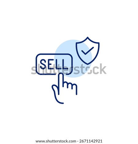 Finger clicking on sell button, shield and checkmark. Risk-free confident shopping. Verified seller. Pixel perfect, editable stroke vector icon