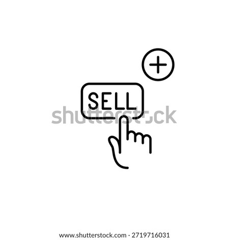 Finger clicking on sell button and plus symbol. Checkout entry, add to cart. Pixel perfect, editable stroke vector icon