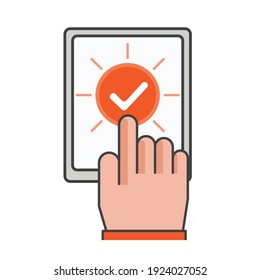 finger clicking on smartphone with checmark icon. job done illustration. illustration. Flat vector icon. can use for, icon design element,ui, web, mobile app.