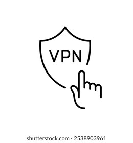 Haga clic con el dedo en el escudo VPN. Fácil acceso seguro a Internet. Canal cifrado. Icono de Vector perfecto de píxeles