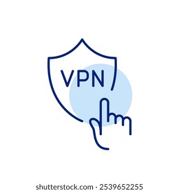 Haga clic con el dedo en el escudo VPN. Fácil acceso seguro a Internet. Canal cifrado. Icono de trazo perfecto y editable del píxel