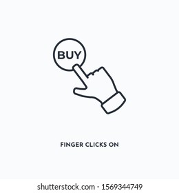 Finger clicks on buy button outline icon. Simple linear element illustration. Isolated line Finger clicks on buy button icon on white background. Thin stroke sign can be used for web, mobile and UI.
