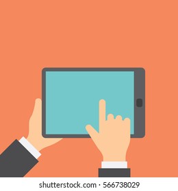 Finger clicks on tablet display with touch screen. Concept flat style vector illustration.