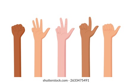 Finger count set in cartoon graphic style shows various numbers. Gesture and bare arm illustrations present different ways to count and are perfect for educational elements. Flat people style suits