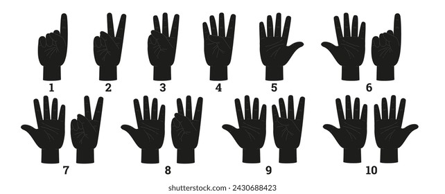 Finger count, silhouette of hands, set of vector illustration isolated on white background. Design icons, human wrists showing counting on fingers. Drawn in simple flat cartoon style.