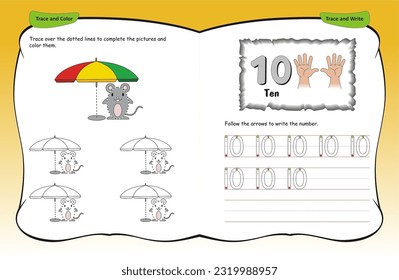 Finger counting 0 to 10, Worksheets for learning numbers. Numbers learning activity by fingers.  Counting and writing numbers, Numbers tracing worksheet for kindergarten, vector illustration