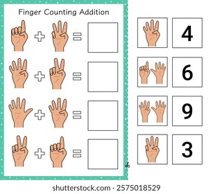 Finger counting addition worksheet for kids. Math activity page for school and preschool. Learn to count cut and paste game. Vector illustration