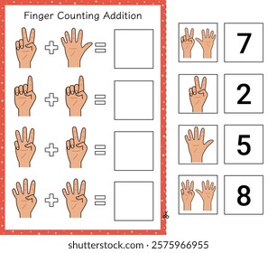 Finger counting addition worksheet for kids. Easy math activity page 1 to 10 for school and preschool. Learn to count cut and paste game. Vector illustration