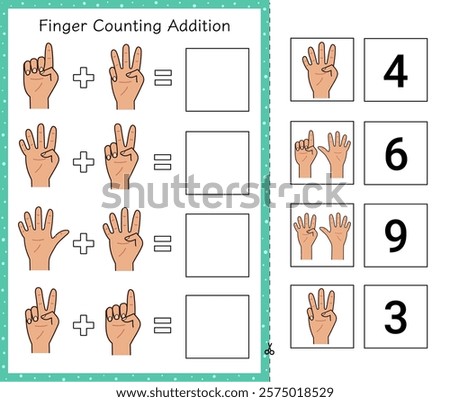 Finger counting addition worksheet for kids. Math activity page for school and preschool. Learn to count cut and paste game. Vector illustration