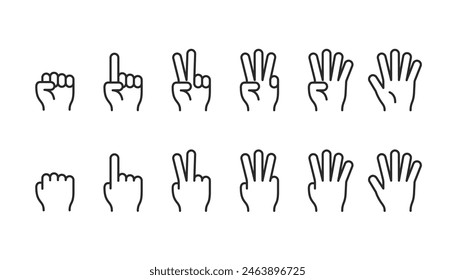 Finger Counting Gestures, linear style icon set. Hands showing numbers one through five. Hand signals for basic numerals. Editable stroke width.