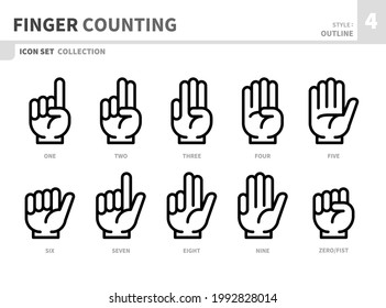 finger counting hand icon set,outline style,vector and illustration