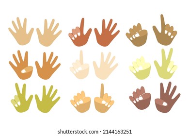 Finger counting kit for mental math school, math course, creative kids. Palms of different colors, different races. Finger counting. Math. Modern design vector illustration concept for website design 