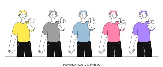 Finger counting line. Men in colorful tshirts with fingers. From one to five. Educational materials for schoolchildren. Linear flat vector illustration isolated on white background