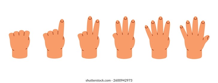 Finger counting, set of hands with gesturing countdown score. Cartoon style vector illustration isolated on white background