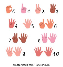 Finger counting. Trendy vector illustration in flat cartoon style. A set of colorful hands with counts on the fingers from zero to ten. 