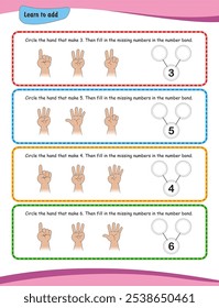 Crianças pequenas em creche ou jardim de infância podem desenvolver suas habilidades adicionais contando com seus dedos com esta planilha. Aprenda a adicionar.