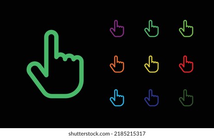 Finger cursor icon. Cursor sign, hand pointer pictogram in vivid colors. Click link, tap here, computer hand cursor, web finger pointer. Vector icon set, symbol for UI