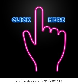 finger cursor neon sign, modern glowing banner design, colorful modern design trends on black background. Vector illustration.