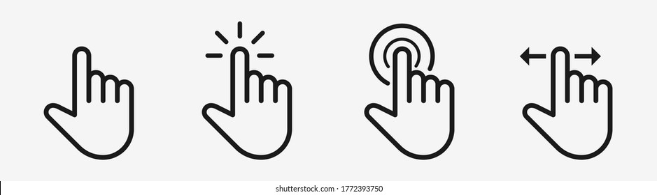 Finger Cursor Touch Screen Vector. Vector Black Icon Set. Mouse Pointer Clicking Computer, App Interface. Click, Tap, Swipe Hand Signs. Isolated UI Symbols On White Background