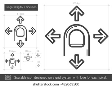 Finger drag four side vector line icon isolated on white background. Finger drag four side line icon for infographic, website or app. Scalable icon designed on a grid system.