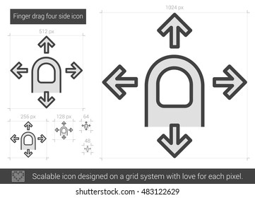 Finger drag four side vector line icon isolated on white background. Finger drag four side line icon for infographic, website or app. Scalable icon designed on a grid system.