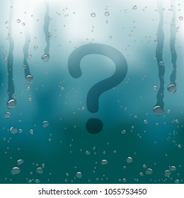 Finger draw question mark sign on rain blue background. Water hand writing ask symbol on glass surface