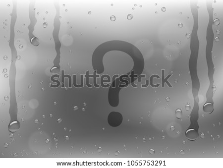 Finger draw question mark sign on rain gray background. Water hand writing ask symbol on glass surface
