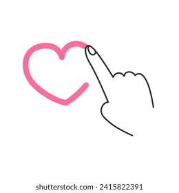 Finger draws a heart. Forefinger with love, support, donate, help, care, hope sign. Line art. Vector illustration on white background