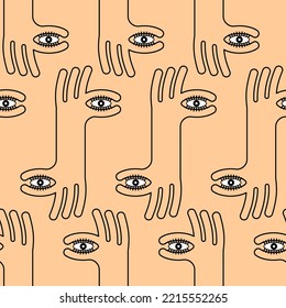 Finger eye Pattern seamless. binoculars hand gesture Background. Vector texture