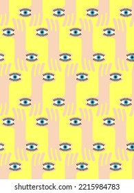 Finger eye Pattern seamless. binoculars hand gesture Background. Vector texture