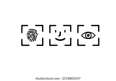 Finger, face, eye scan icon set. Fingerprint id. Person identification. Biometric security.